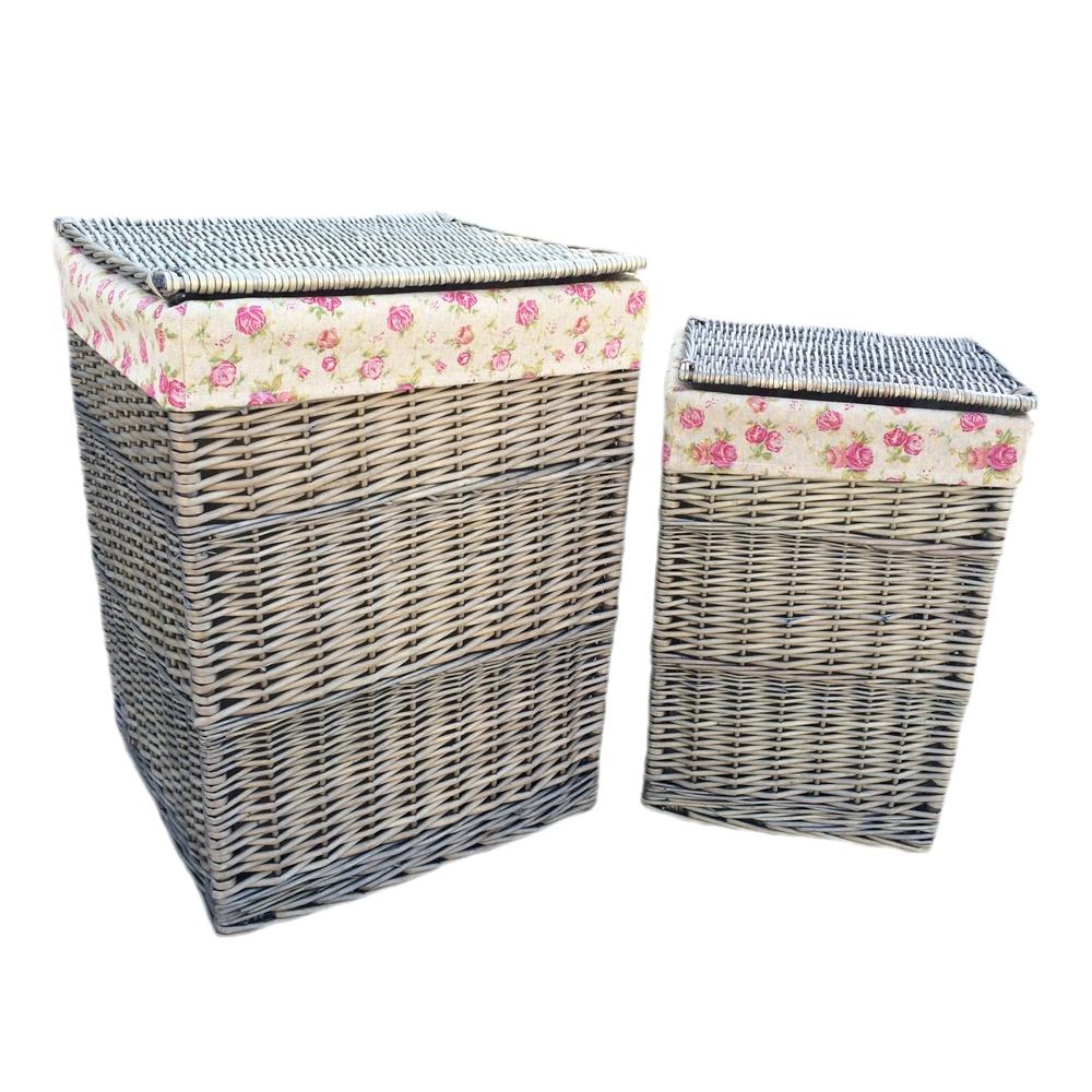 Antique Wash Square Garden Rose Cotton Lined Laundry Basket
