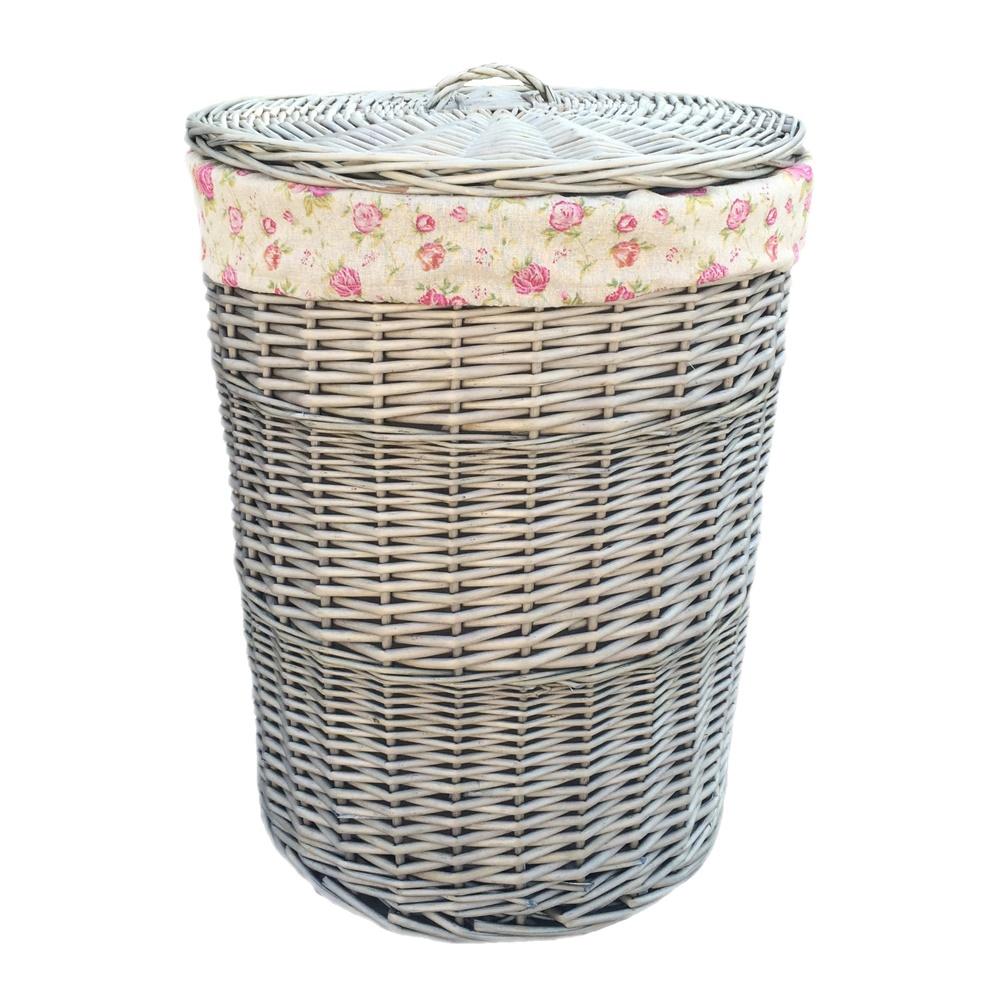 Antique Wash Round Garden Rose Cotton Lined Laundry Basket