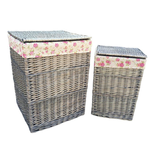Antique Wash Square Garden Rose Cotton Lined Laundry Basket