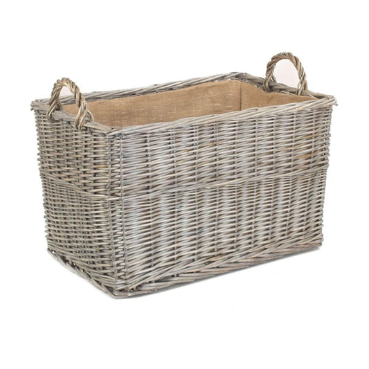 Antique Wash Rectangular Hessian Lined Wicker Log Basket