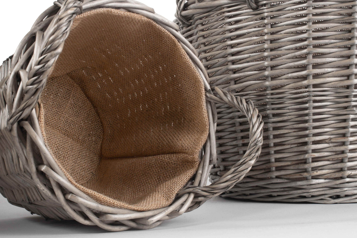 Round Antique Wash Finish Wicker Lined Wicker Log Basket