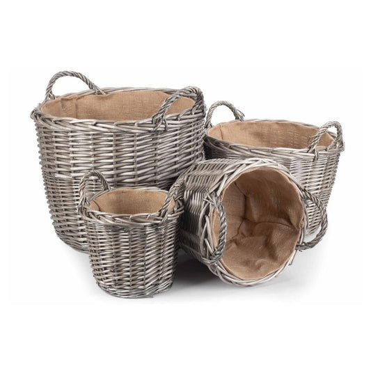 Round Antique Wash Finish Wicker Lined Wicker Log Basket