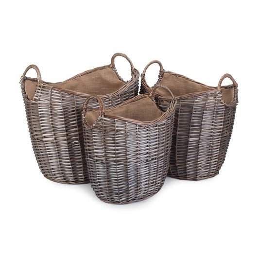Scoop Neck Antique Wash Hessian Lined Wicker Log Basket